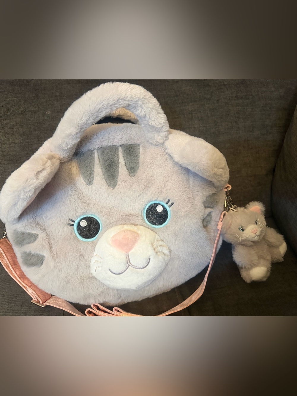 Plush Gray Kitten Crossbody Bag for Kids